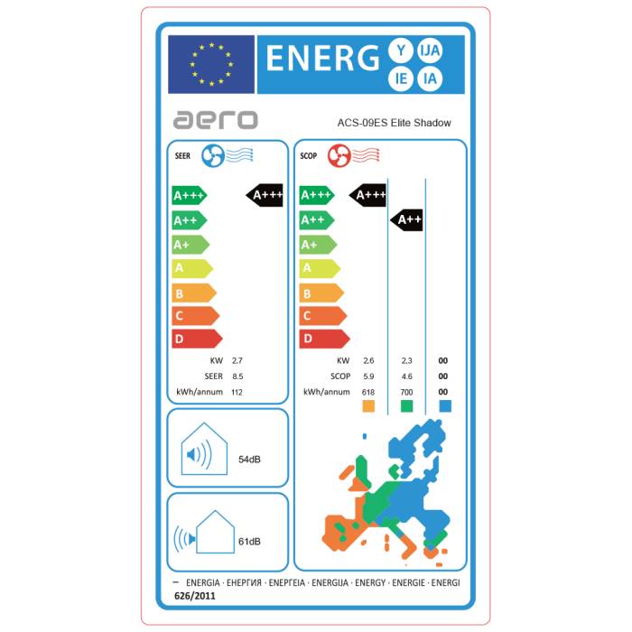 Aer Conditionat AERO Elite Shadow ACS-09ES Wi-Fi Ready, R32, Inverter, 9000 BTU/h, clasa A+++